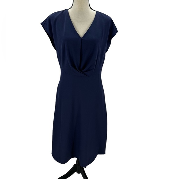 Tahari Cap Sleeve V Neck Twist Front Midi Dress - Navy Blue - size 8 - Picture 1 of 9